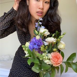 Reformation black and yellow polka dots dress. Size S with a little scratch